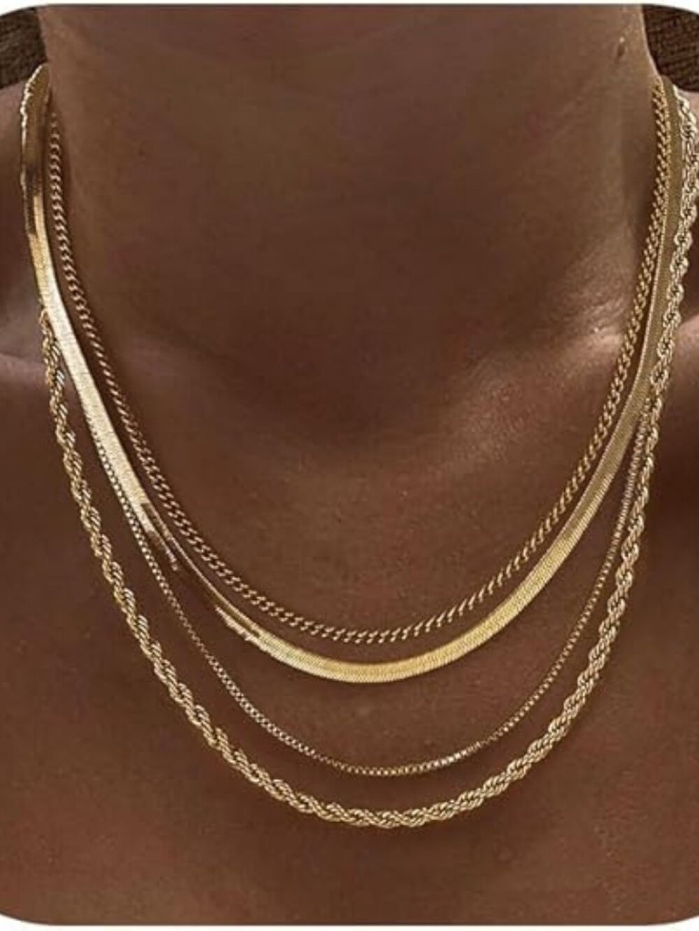 14K Gold Plated Layered Necklace Set Herringbone Cuban Link Waterproof